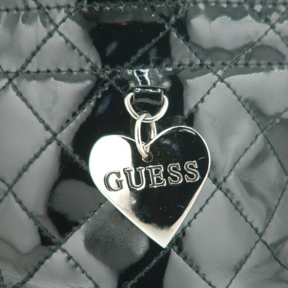GUESS Black Quilted Patent Leather Mini Drawstring Bag with Heart Charm - Picture 2 of 3